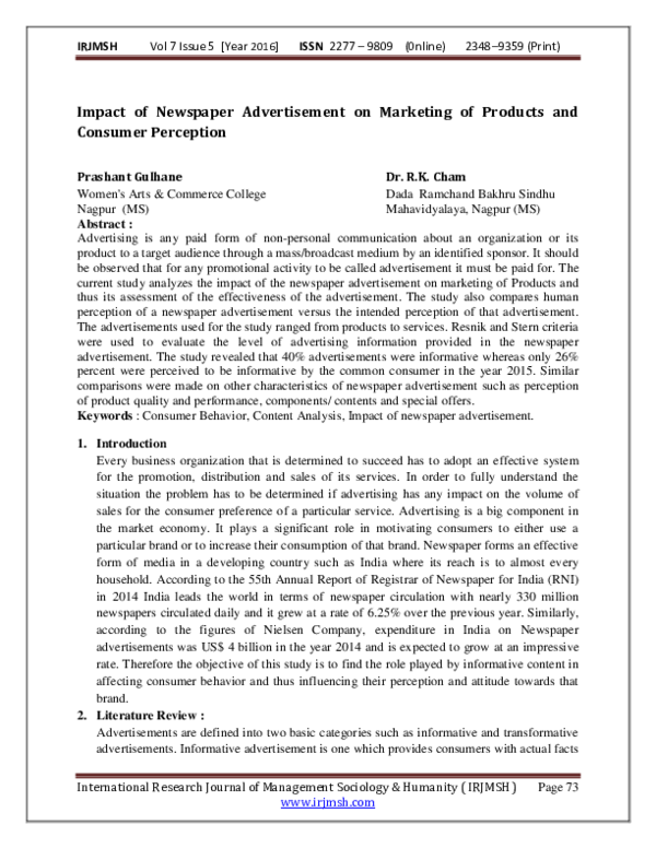 (PDF) Impact of Newspaper Advertisement on Marketing of Products and