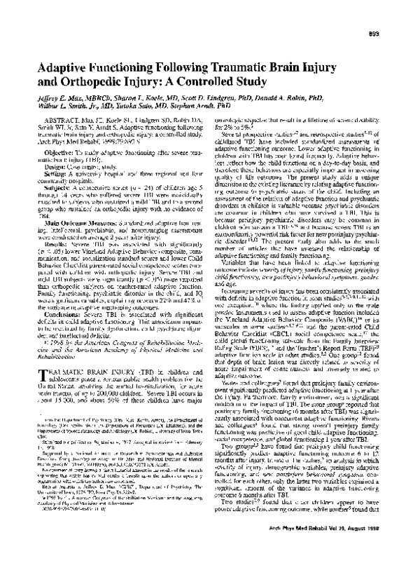 (PDF) Adaptive functioning following traumatic brain injury and ...