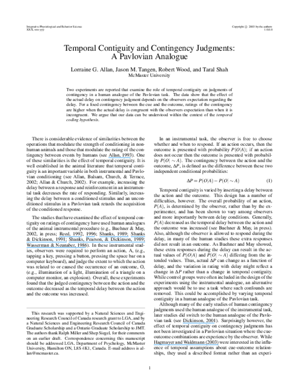 (PDF) Temporal Contiguity and Contingency Judgments: A Pavlovian Analogue