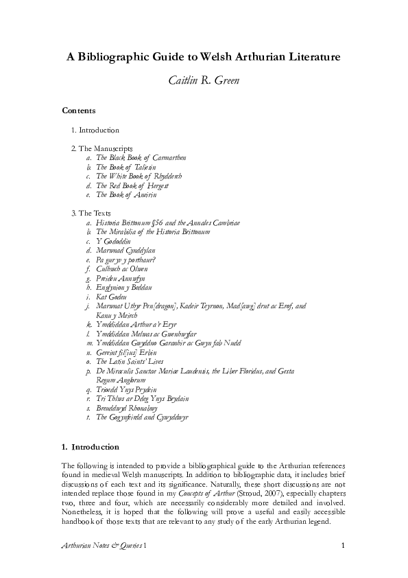 A Bibliographic Guide to Welsh Arthurian Literature