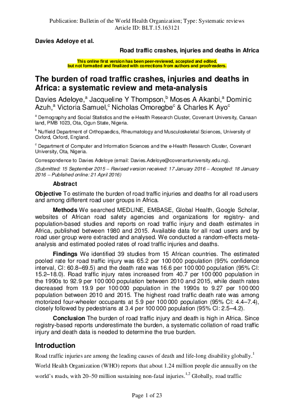 (PDF) Road traffic crashes, injuries and deaths in Africa The burden of ...