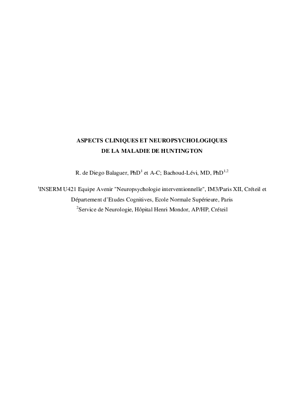 Pdf Aspects Cliniques Et Neuropsychologiques De La Maladie De Huntington Ruth De Diego Balaguer Academia Edu