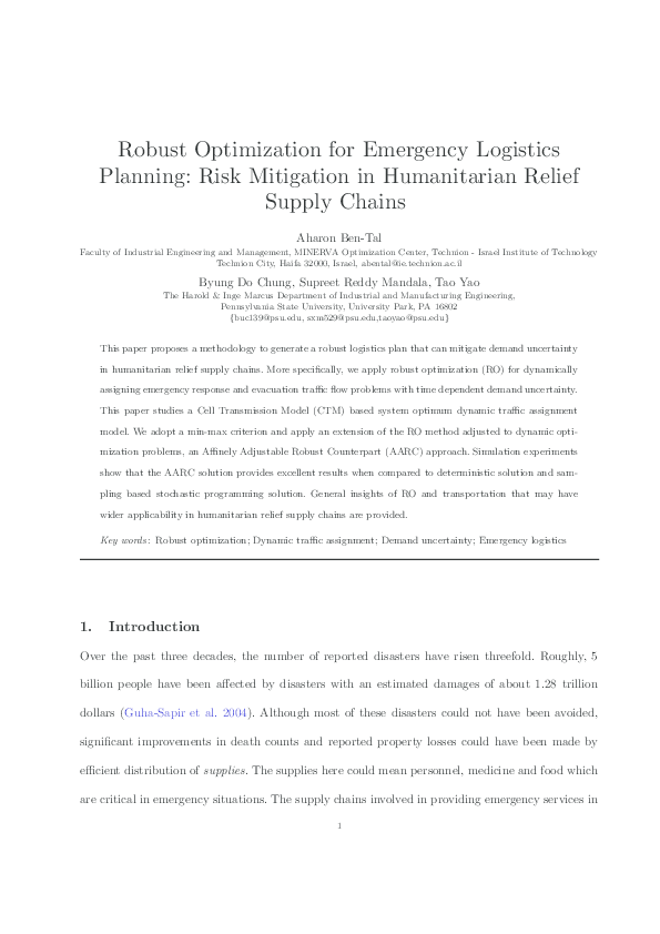 (PDF) Robust optimization for emergency logistics planning: Risk ...