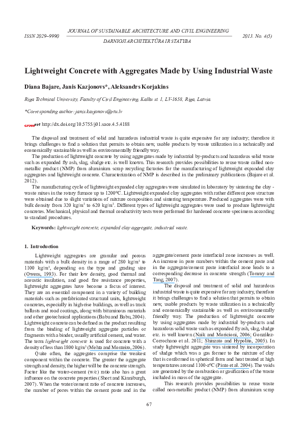 (PDF) Lightweight Concrete with Aggregates Made by Using Industrial Waste