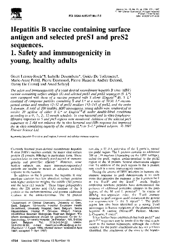 (PDF) Hepatitis B vaccine containing surface antigen and selected preS1 ...