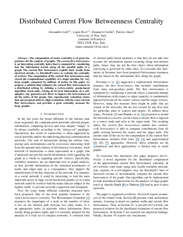 (PDF) Distributed Current Flow Betweenness Centrality