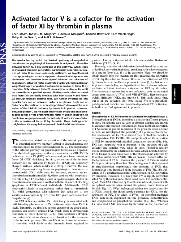 (PDF) Activated factor V is a cofactor for the activation of factor XI ...