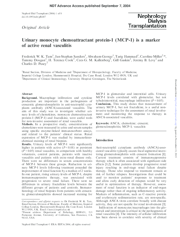 (PDF) Urinary Monocyte Chemoattractant Protein1 (MCP-1) in Renal ...