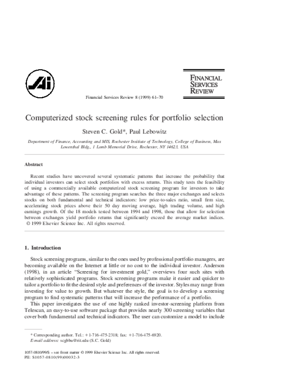 (PDF) Computerized stock screening rules for portfolio selection Bui
