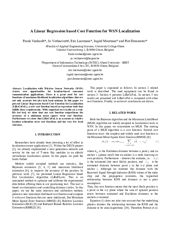 (PDF) A linear regression based cost function for WSN localization