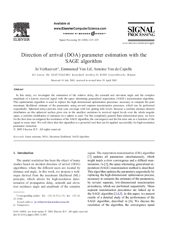 (PDF) Direction of arrival (DOA) parameter estimation with the SAGE ...