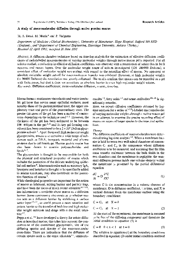 (PDF) A study of macromolecular diffusion through native porcine mucus