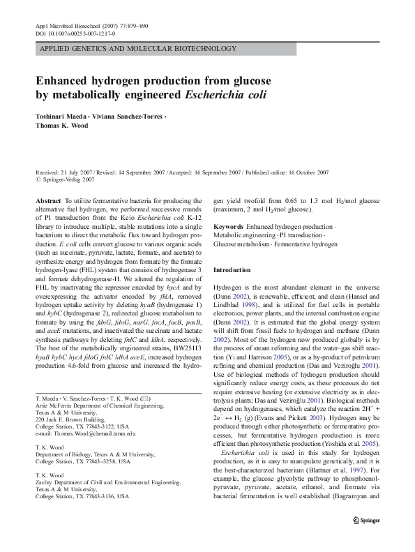 (PDF) Enhanced hydrogen production from glucose by metabolically ...