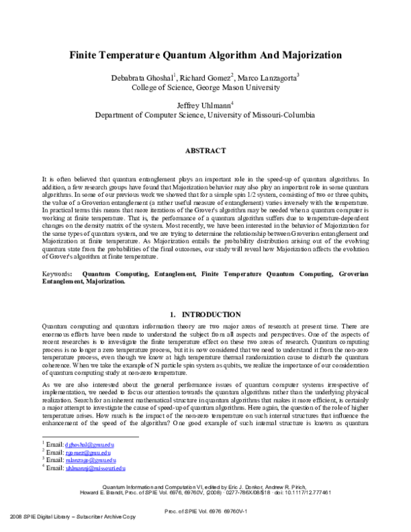 (PDF) Finite temperature quantum algorithm and majorization