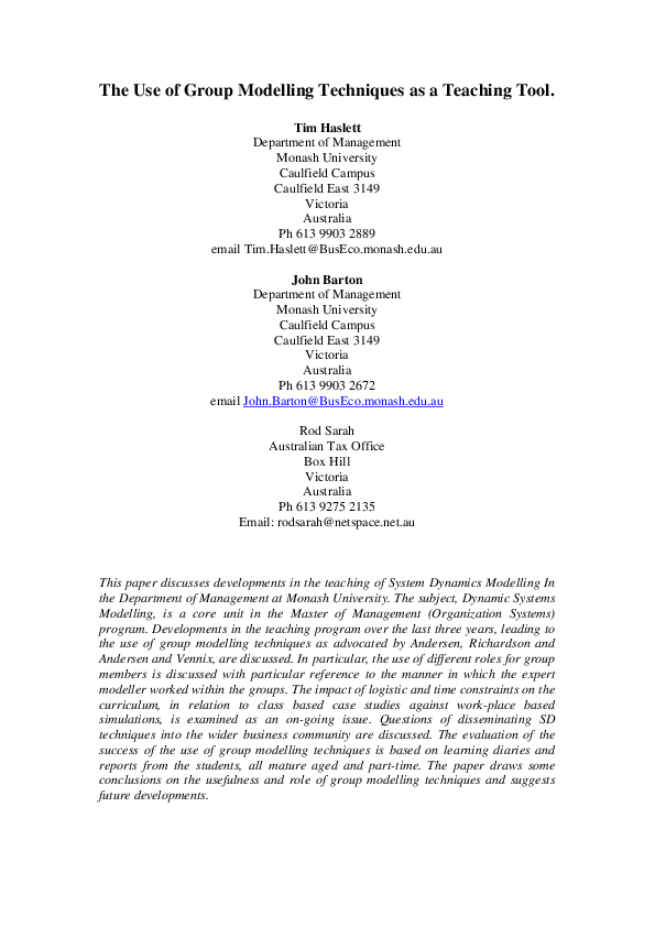 (PDF) The Use of Group Modelling Techniques as a Teaching Tool