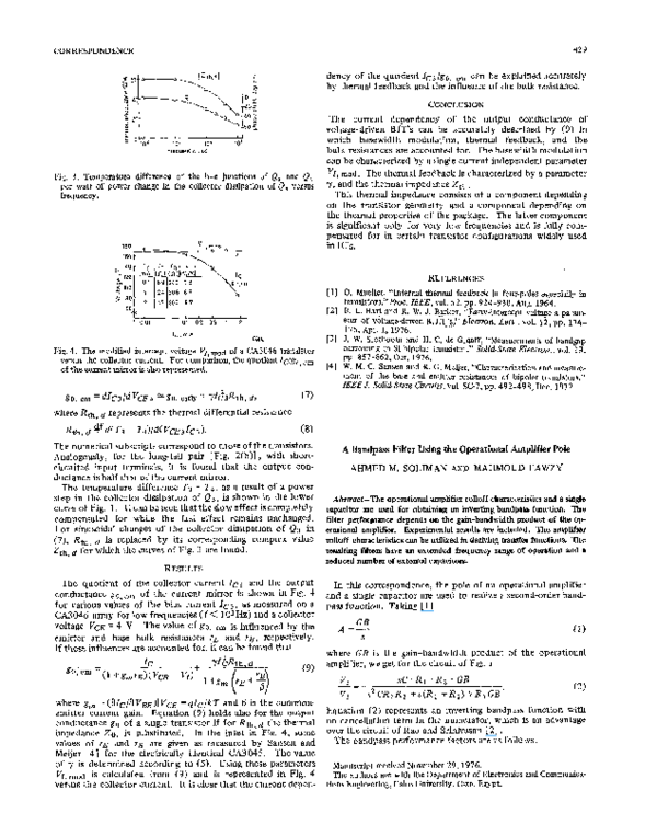 (PDF) A bandpass filter using the operational amplifier pole