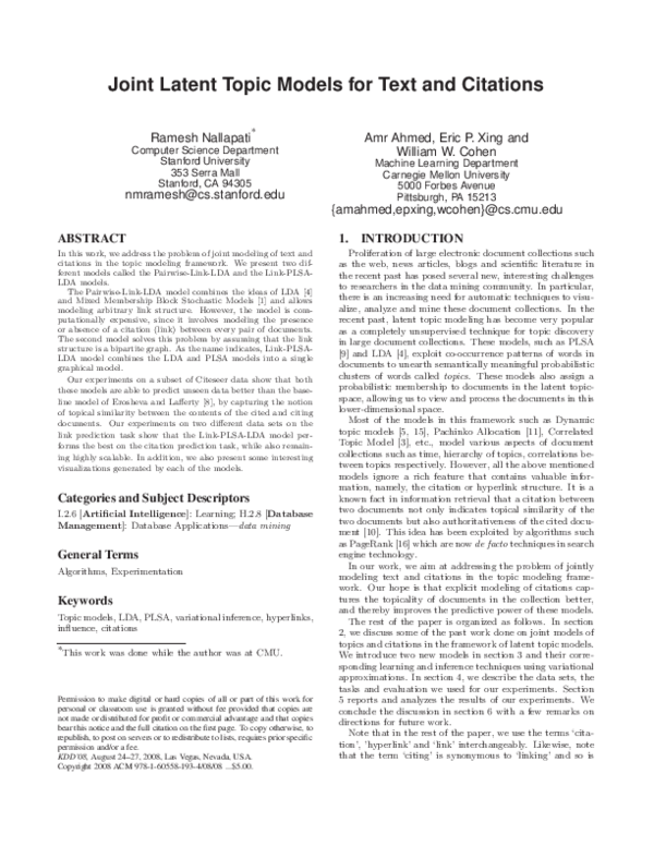 (PDF) Joint latent topic models for text and citations