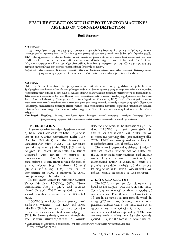 Pdf Feature Selection With Support Vector Machines Applied On Tornado