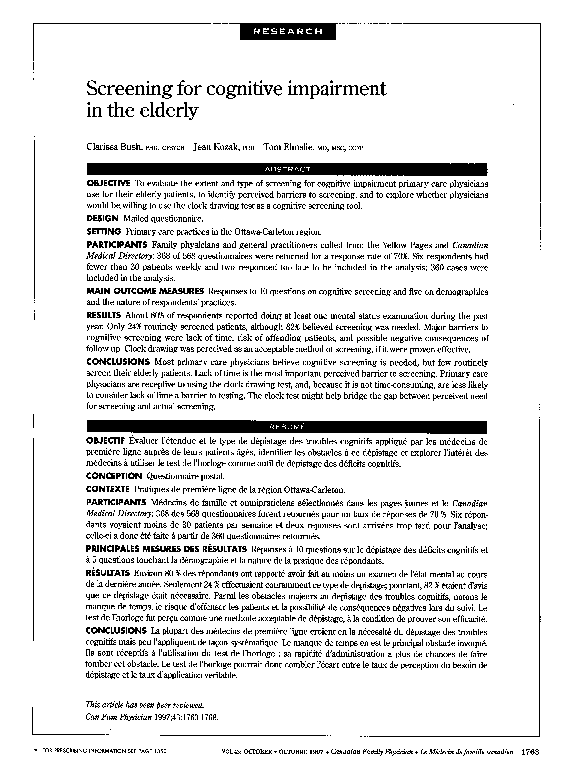 (PDF) Screening for cognitive impairment in the elderly