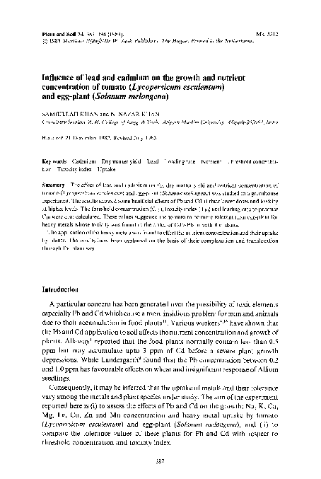 (PDF) Influence of lead and cadmium on the growth and nutrient ...
