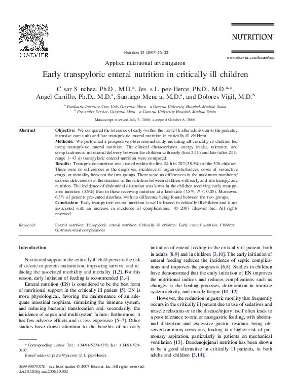 (PDF) Early transpyloric enteral nutrition in critically ill children