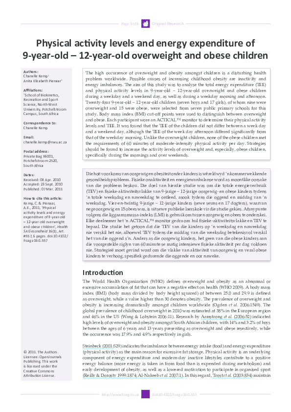 (PDF) Physical activity levels and energy expenditure of 9-year-old ...