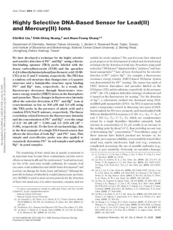 (PDF) Highly Selective DNA-Based Sensor for Lead(II) and Mercury(II) Ions