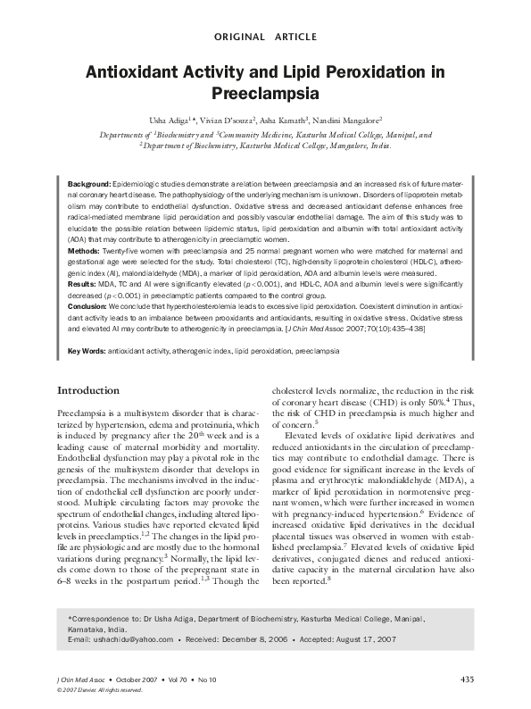 (PDF) Antioxidant Activity and Lipid Peroxidation in Preeclampsia