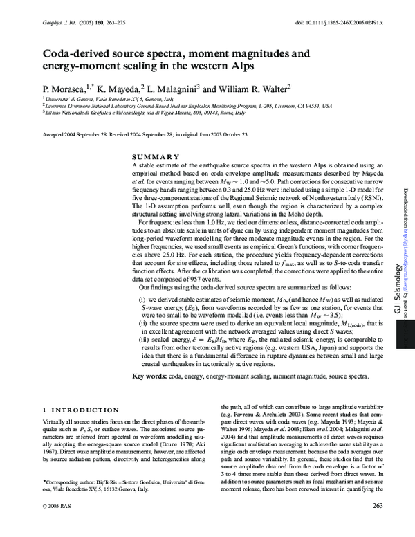 (PDF) Coda-derived source spectra, moment magnitudes and energy-moment ...