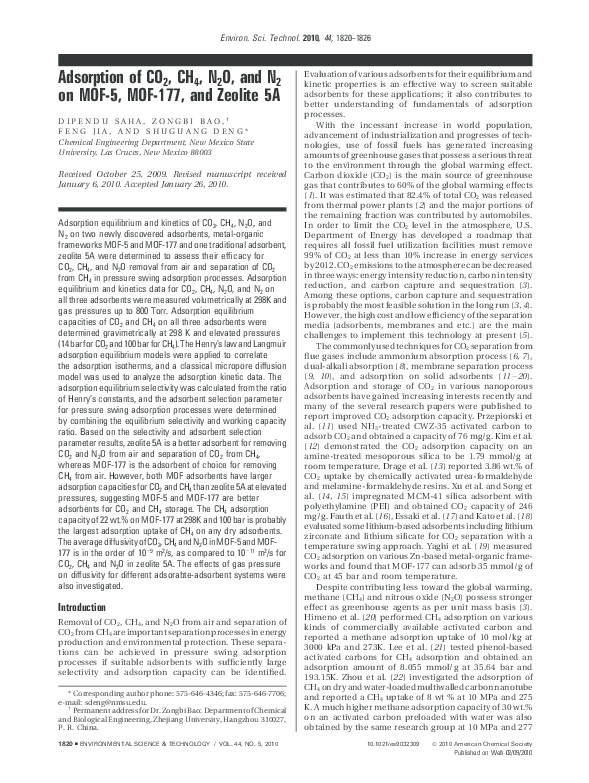 (PDF) Adsorption of CO 2 , CH 4 , N 2 O, and N 2 on MOF-5, MOF-177, and ...