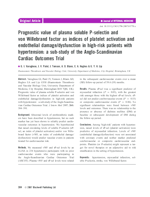 (PDF) Prognostic value of plasma soluble P-selectin and von Willebrand ...