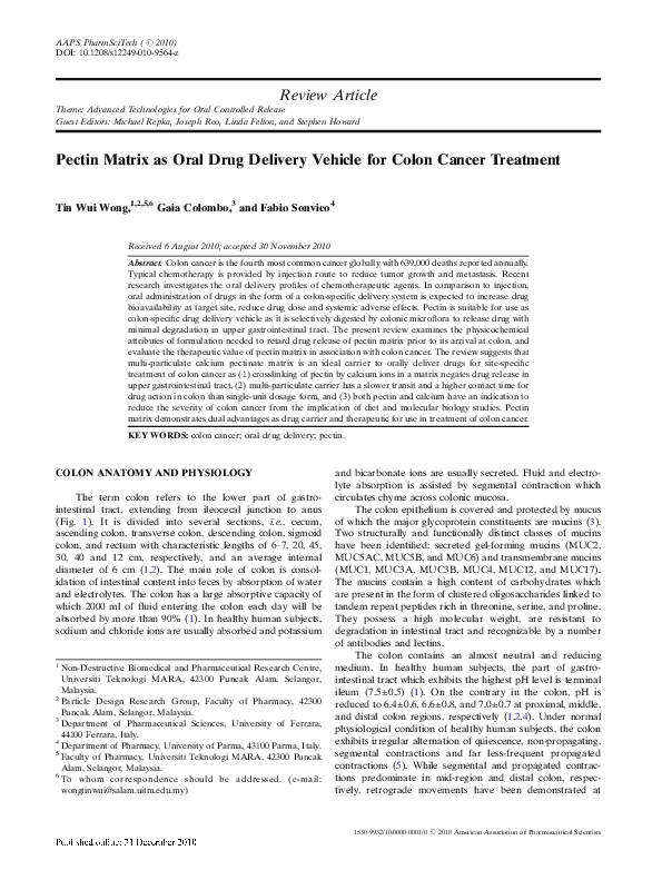 (PDF) Pectin Matrix as Oral Drug Delivery Vehicle for Colon Cancer