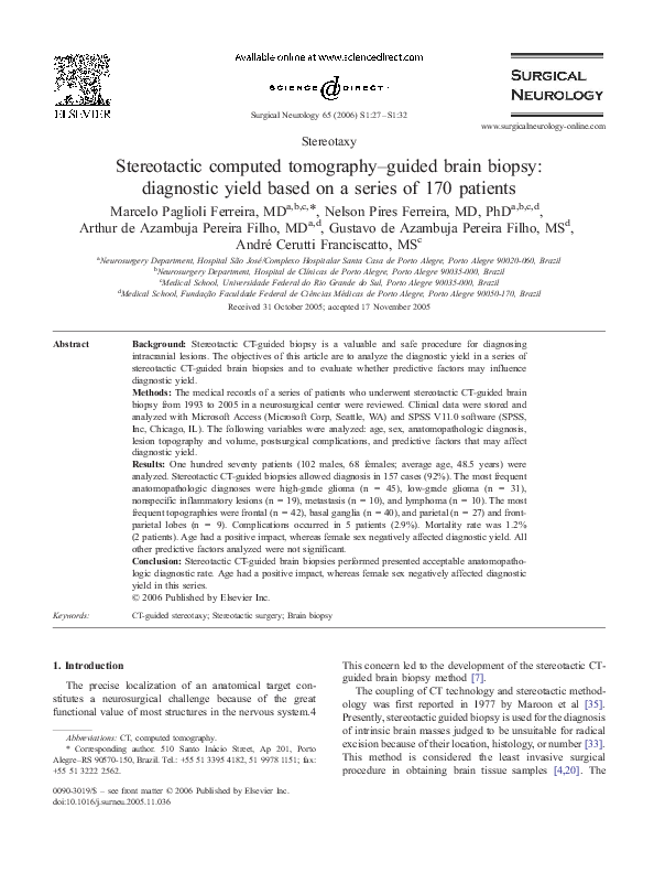 (PDF) Stereotactic computed tomography–guided brain biopsy: diagnostic ...