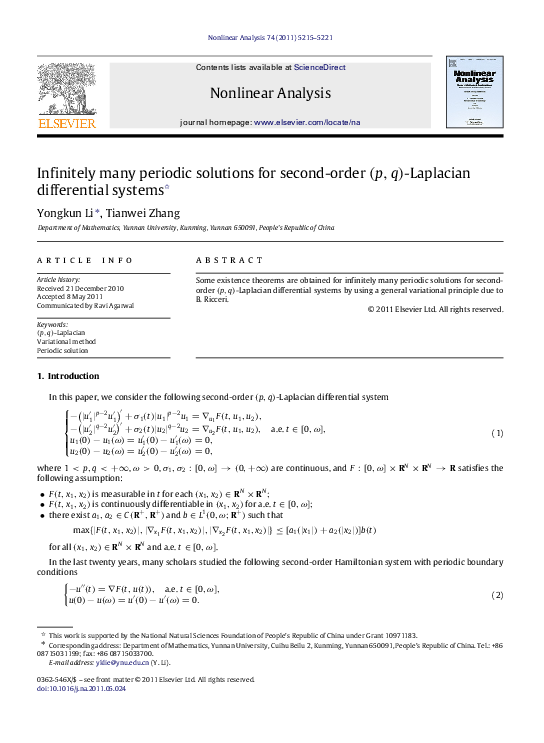 (PDF) Infinitely many periodic solutions for second-order ( p , q ...