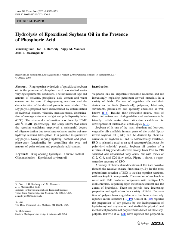 (PDF) Hydrolysis of Epoxidized Soybean Oil in the Presence of