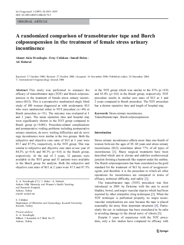 (PDF) A randomized comparison of transobturator tape and Burch ...