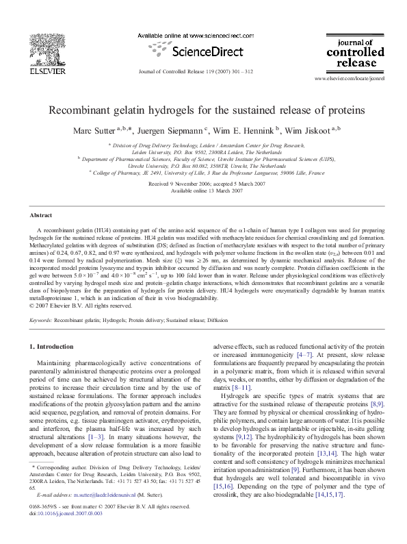 (PDF) gelatin hydrogels for the sustained release of