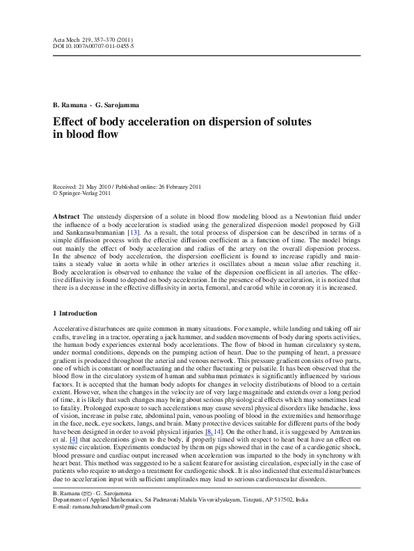 (PDF) Effect of body acceleration on dispersion of solutes in blood flow