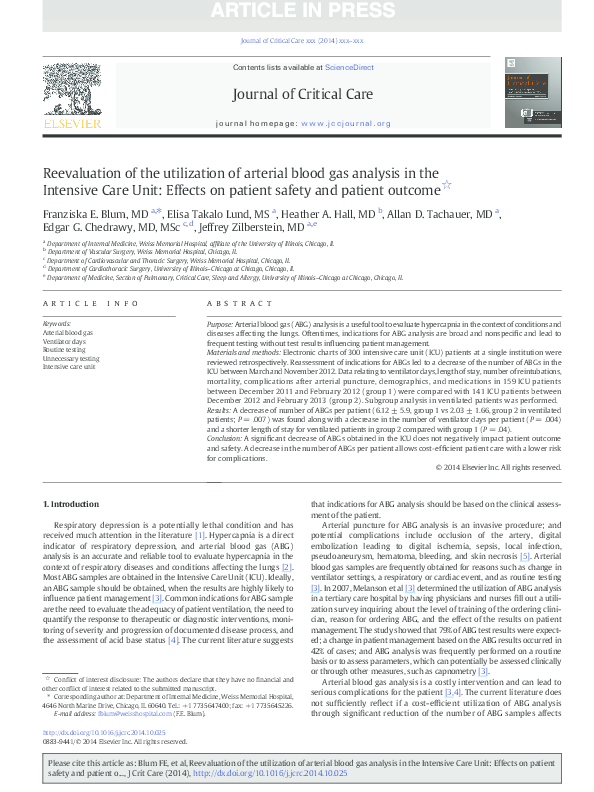 (PDF) Reevaluation of the utilization of arterial blood gas analysis in ...