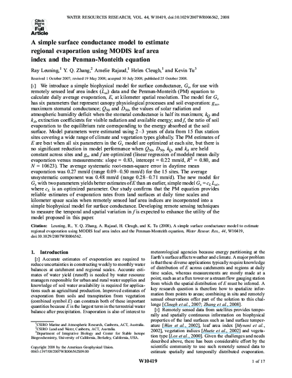(PDF) Correction to ``A simple surface conductance model to estimate