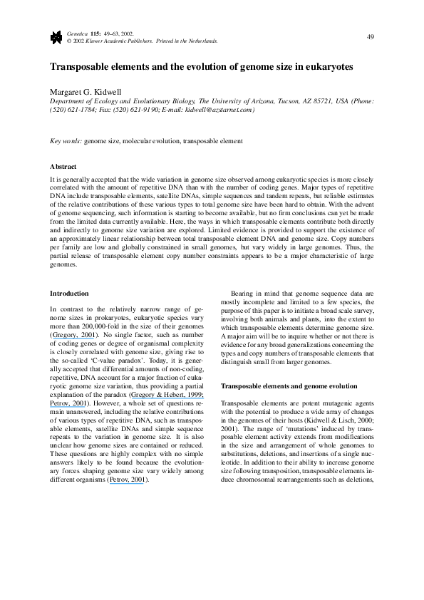 (PDF) Transposable elements and the evolution of genome size in eukaryotes