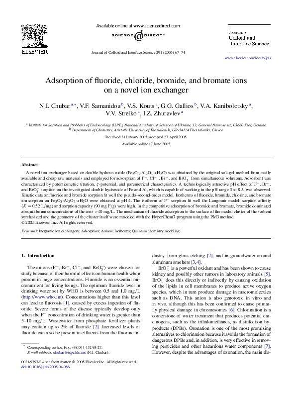 (PDF) Adsorption of fluoride, chloride, bromide, and bromate ions on a