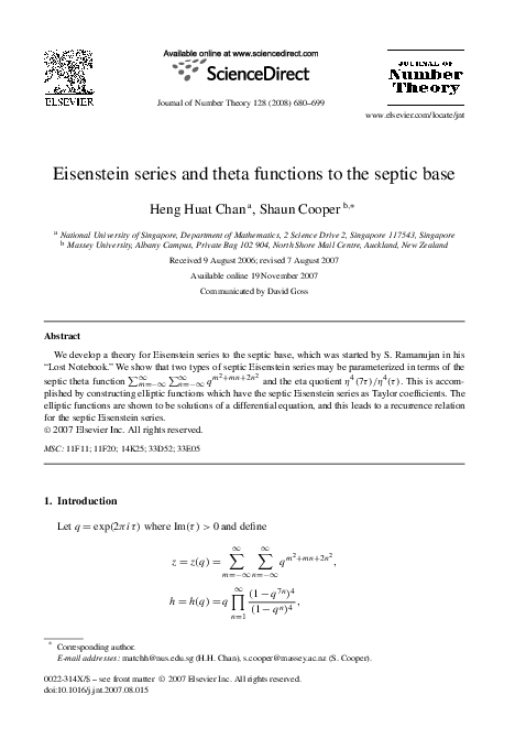 (PDF) Eisenstein series and theta functions to the septic base