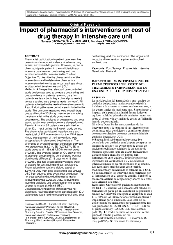 (PDF) Impact of pharmacist's interventions on cost of drug therapy in ...