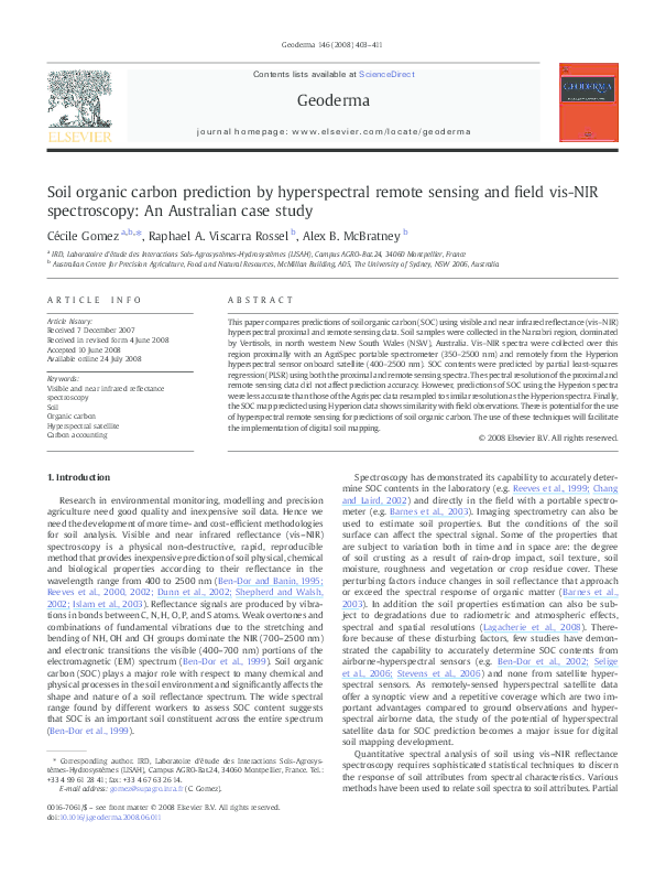 (PDF) Soil organic carbon prediction by hyperspectral remote sensing ...