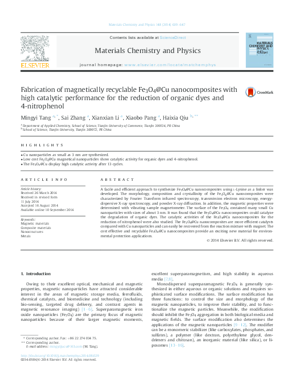 (PDF) Fabrication of magnetically recyclable Fe3O4@Cu nanocomposites ...