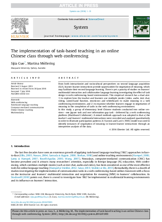 (PDF) The implementation of task-based teaching in an online Chinese ...