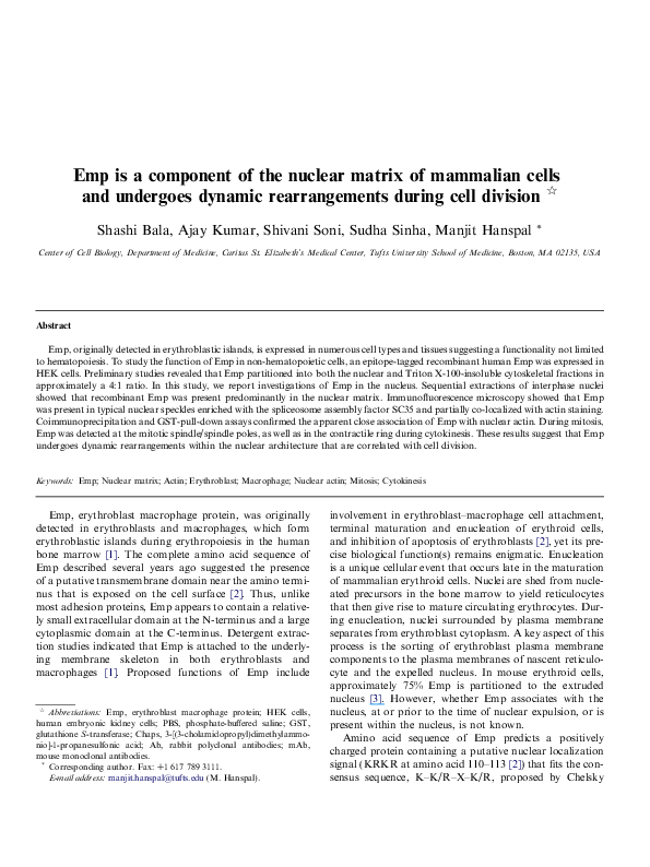 (PDF) Emp is a component of the nuclear matrix of mammalian cells and ...
