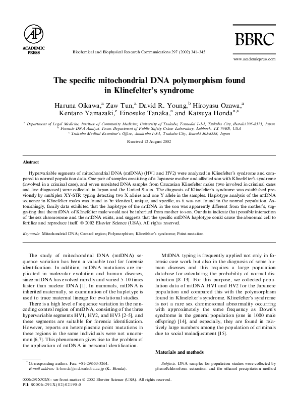 (PDF) The specific mitochondrial DNA polymorphism found in Klinefelter ...