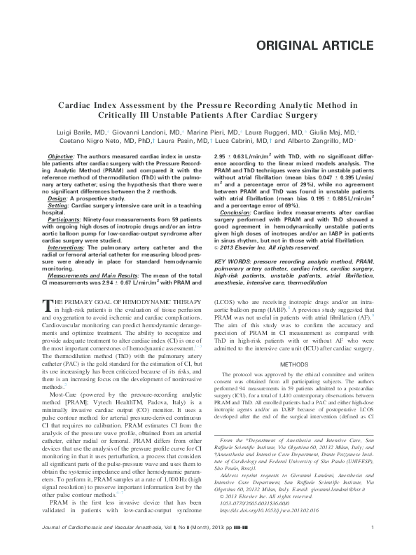 (PDF) Cardiac Index Assessment by the Pressure Recording Analytic ...